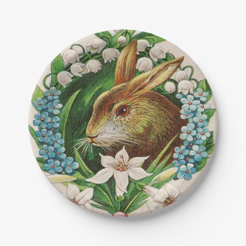 Vintage Bunny Floral Wreath Easter Greetings Paper Plates
