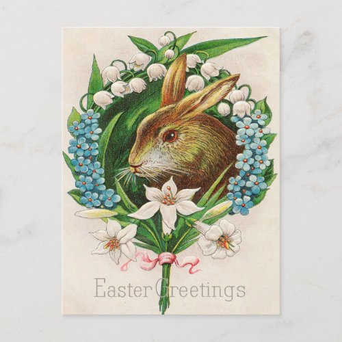 Vintage Bunny Floral Wreath Easter Greetings Postcard