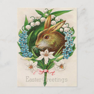 Vintage Bunny Floral Wreath Easter Greetings Postcard