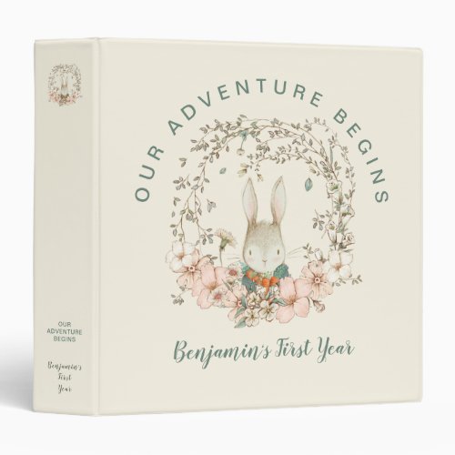 Vintage Bunny Florals 1st Year Boy Cream Baby Book 3 Ring Binder