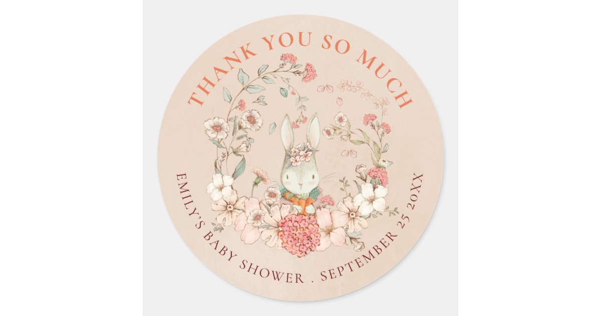 Vintage Bunny Florals Thank You Peach Baby Shower Classic Round Sticker ...