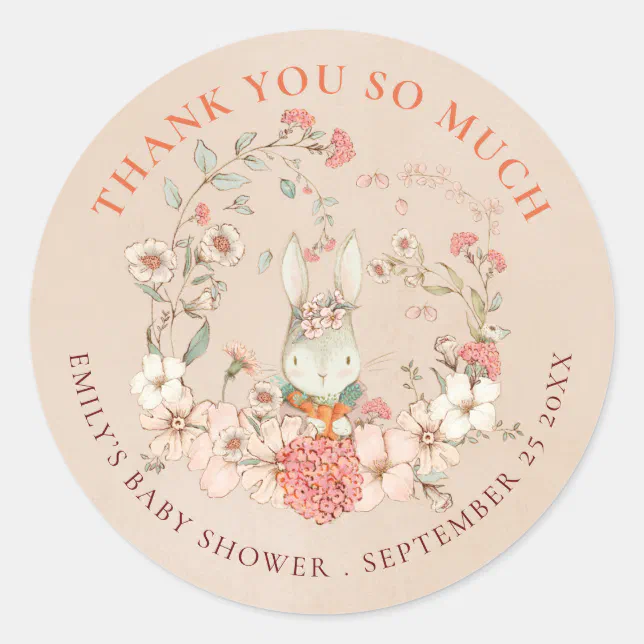 Vintage Bunny Florals Thank You Peach Baby Shower Classic Round Sticker ...