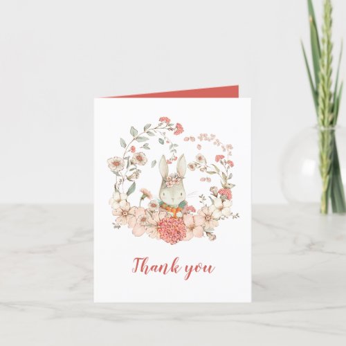 Vintage Bunny Foliage Coral Baby Shower Thank You Card