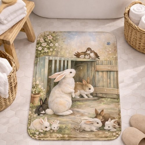 Vintage Bunny Garden Illustration | Cottagecore  Bath Mat
