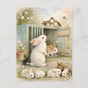 Vintage Bunny Garden Illustration Cottagecore Postcard