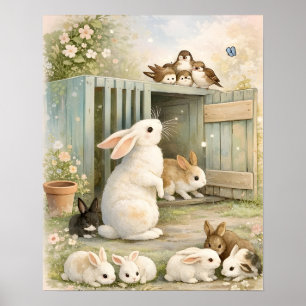 Vintage Bunny Garden Illustration Cottagecore Poster