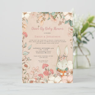 Vintage Bunny Girl Floral Drive By Baby Shower Invitation