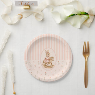 Vintage Bunny Girl Paper Plate, Floral Rabbit Baby Plates