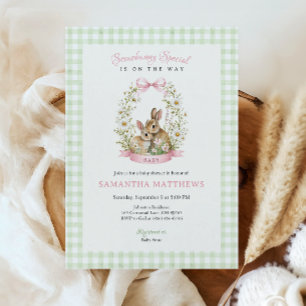 Vintage Bunny Green Gingham Girl Baby Shower Invitation