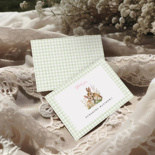 Vintage Bunny Green Gingham Girl Baby Shower Thank You Card