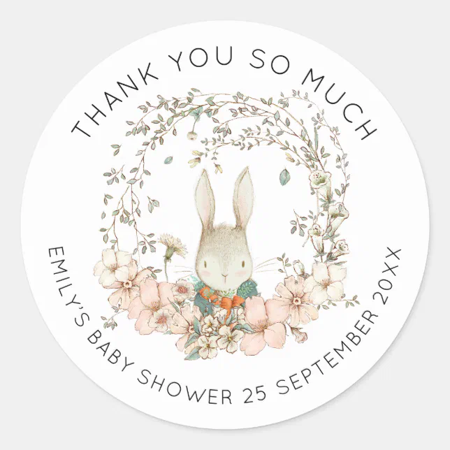 Vintage Bunny Green Leaves Thank You Baby Shower Classic Round Sticker ...