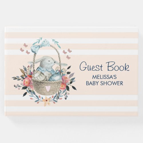 Vintage Bunny in a basket with Pretty Flowers Guest Book