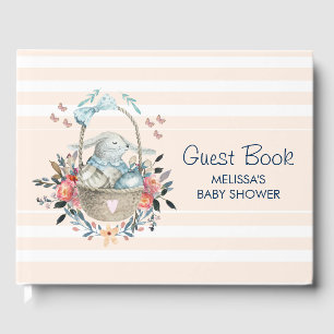Vintage Bunny in a basket with Pretty Flowers Guest Book