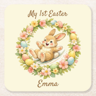 Vintage Bunny My First Easter Square Paper Coaster