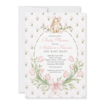 Vintage Bunny Pink Bow Floral Girl Baby Shower Invitation