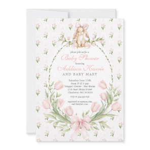Vintage Bunny Pink Bow Floral Girl Baby Shower  Invitation