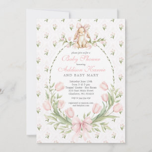 Vintage Bunny Pink Bow Floral Girl Baby Shower Invitation