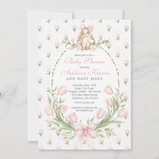 Vintage Bunny Pink Bow Floral Girl Baby Shower Invitation