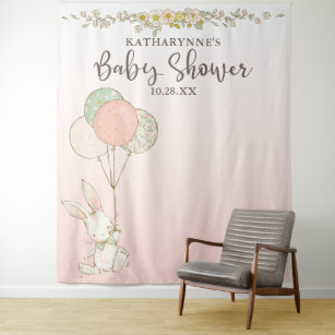 Vintage Bunny Pink Floral Baby Shower Backdrop