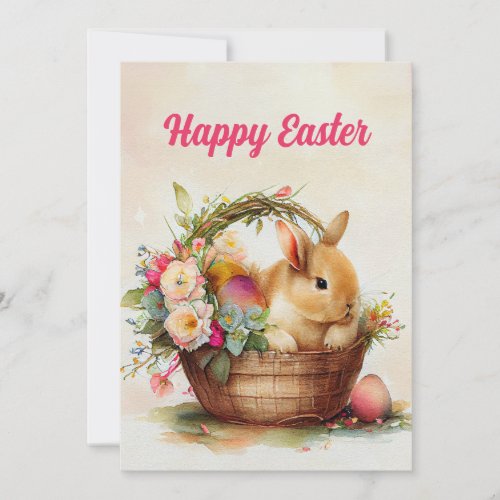 Vintage Bunny Pink Flowers Basket Happy Easter Holiday Card