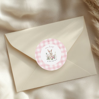 Vintage Bunny Pink Gingham Girl Baby Shower Classic Round Sticker