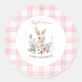 Vintage Bunny Pink Gingham Girl Baby Shower Classic Round Sticker
