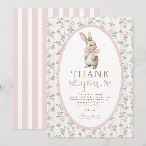 Vintage Bunny Pink Roses Girl Baby Shower Thank You Card