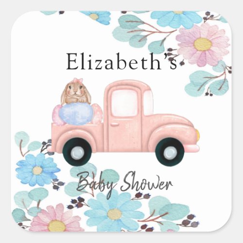 Vintage Bunny Pink Truck Baby Shower Square Sticker