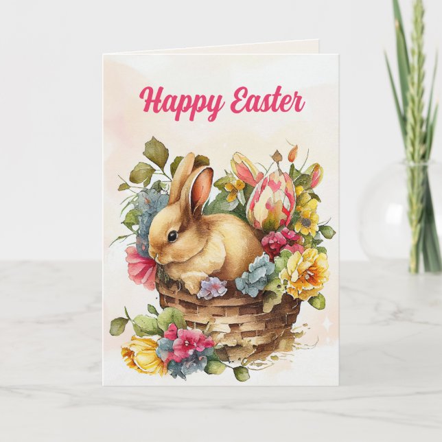 Vintage Bunny Pink Yellow Flowers Basket Easter Holiday Card (Front)