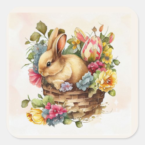Vintage Bunny Pink Yellow Flowers Spring Square Sticker