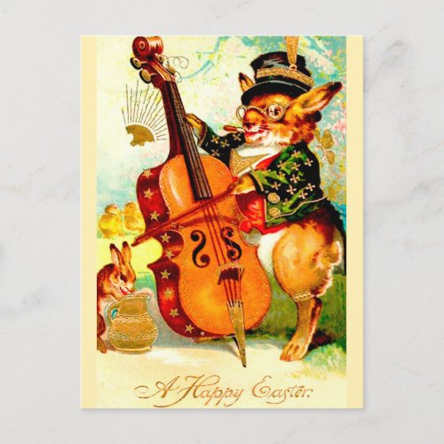 Vintage Bunny Playing with Violin Easter Greeting Postcard