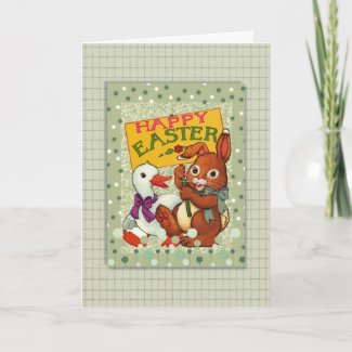 Vintage Bunny Rabbit and Duck, Happy Easter Card