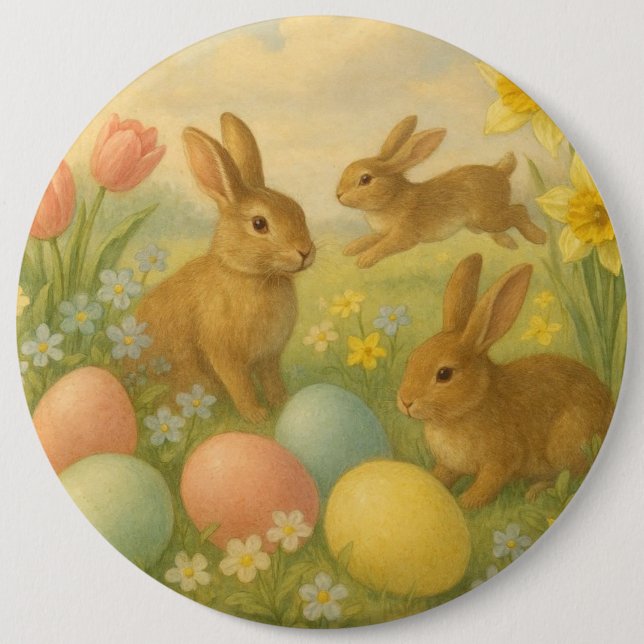 Vintage Bunny/Rabbit Easter Egg/Spring   Button (Front)