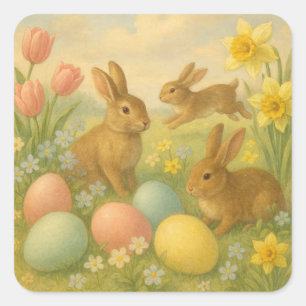 Vintage Bunny/Rabbit Easter Egg/Spring Square Sticker