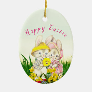 Vintage Bunny Rabbit Easter Tree Ceramic Ornament