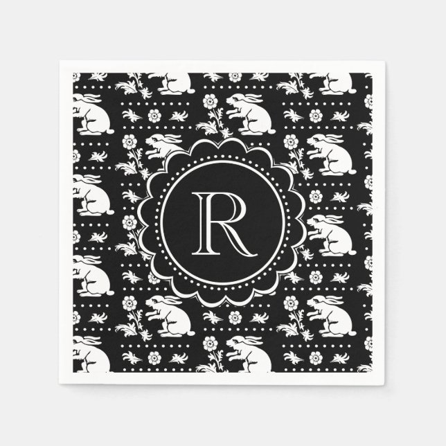 Vintage Bunny Rabbit Monogram Black and White Napkins (Front)