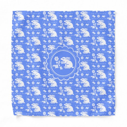 Vintage Bunny Rabbit with Flower Blue and White Bandana