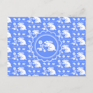 Vintage Bunny Rabbit with Flower Blue and White Postcard