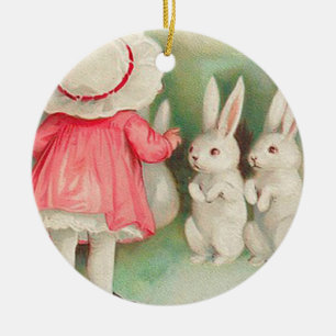 Vintage Bunny Rabbits Easter Greeting Ceramic Ornament