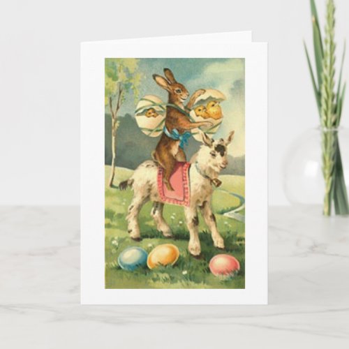 Vintage Bunny Riding On Goat Easter Card