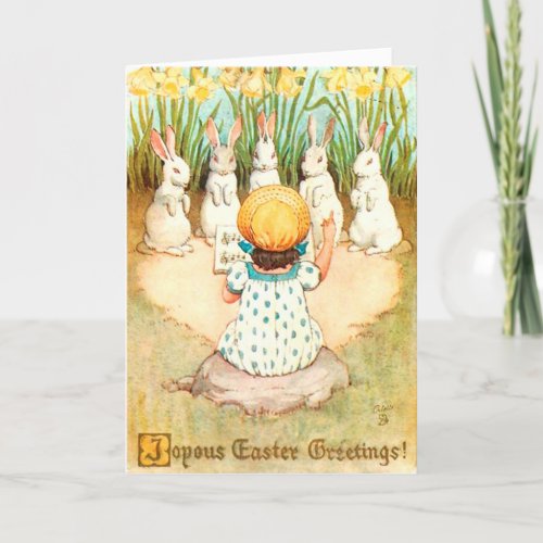 Vintage Bunny Singing with Child Easter Greeting Holiday Card