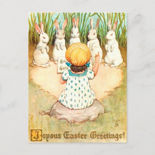 Vintage Bunny Singing with Child Easter Greeting Postcard