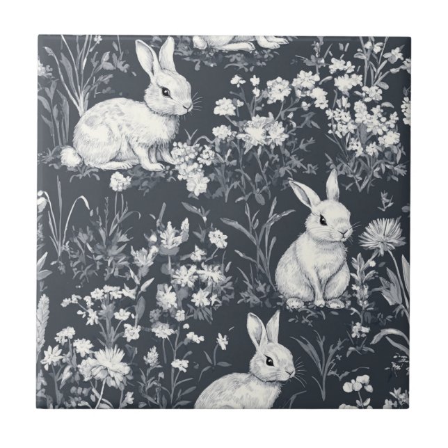 Vintage Bunny Spring Black Toile Pattern Ceramic Tile (Front)