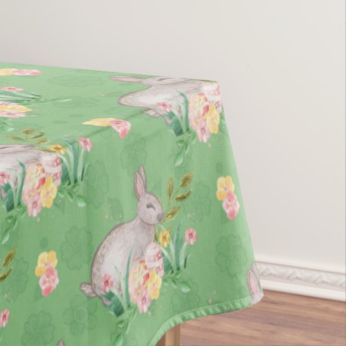 Vintage Bunny Spring Flowers Pastel Green Easter Tablecloth