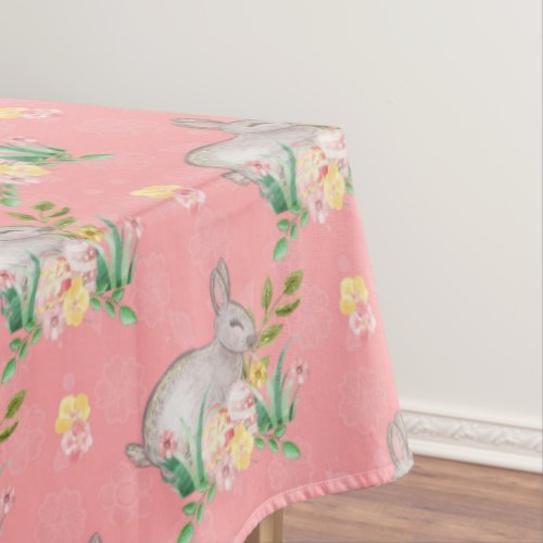 Vintage Bunny Spring Flowers Pastel Peach Easter Tablecloth