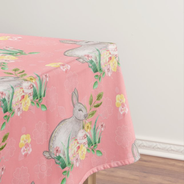 Vintage Bunny Spring Flowers Pastel Peach Easter Tablecloth (In Situ)