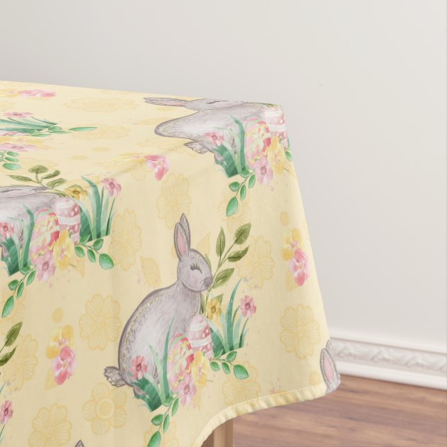 Vintage Bunny Spring Flowers Yellow Easter Tablecloth (In Situ)