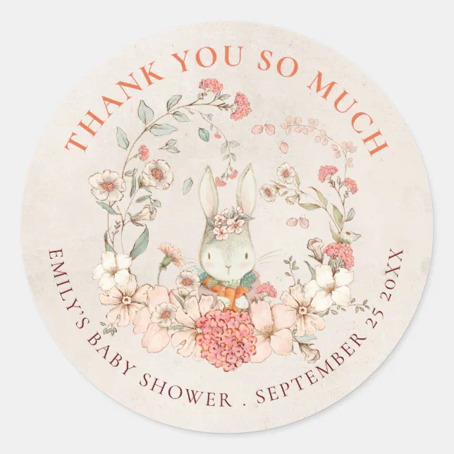Vintage Bunny Thank You Antique White Baby Shower Classic Round Sticker ...