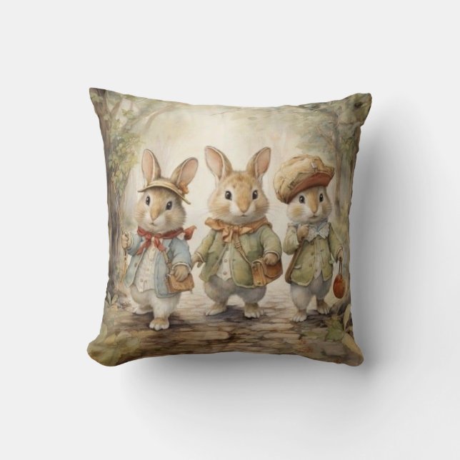 Vintage Bunny Throw Pillow (Front)
