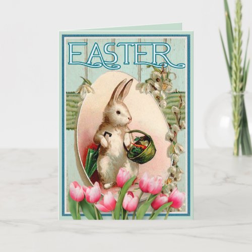 Vintage Bunny Tulip Floral And Easter Egg  Holiday Card